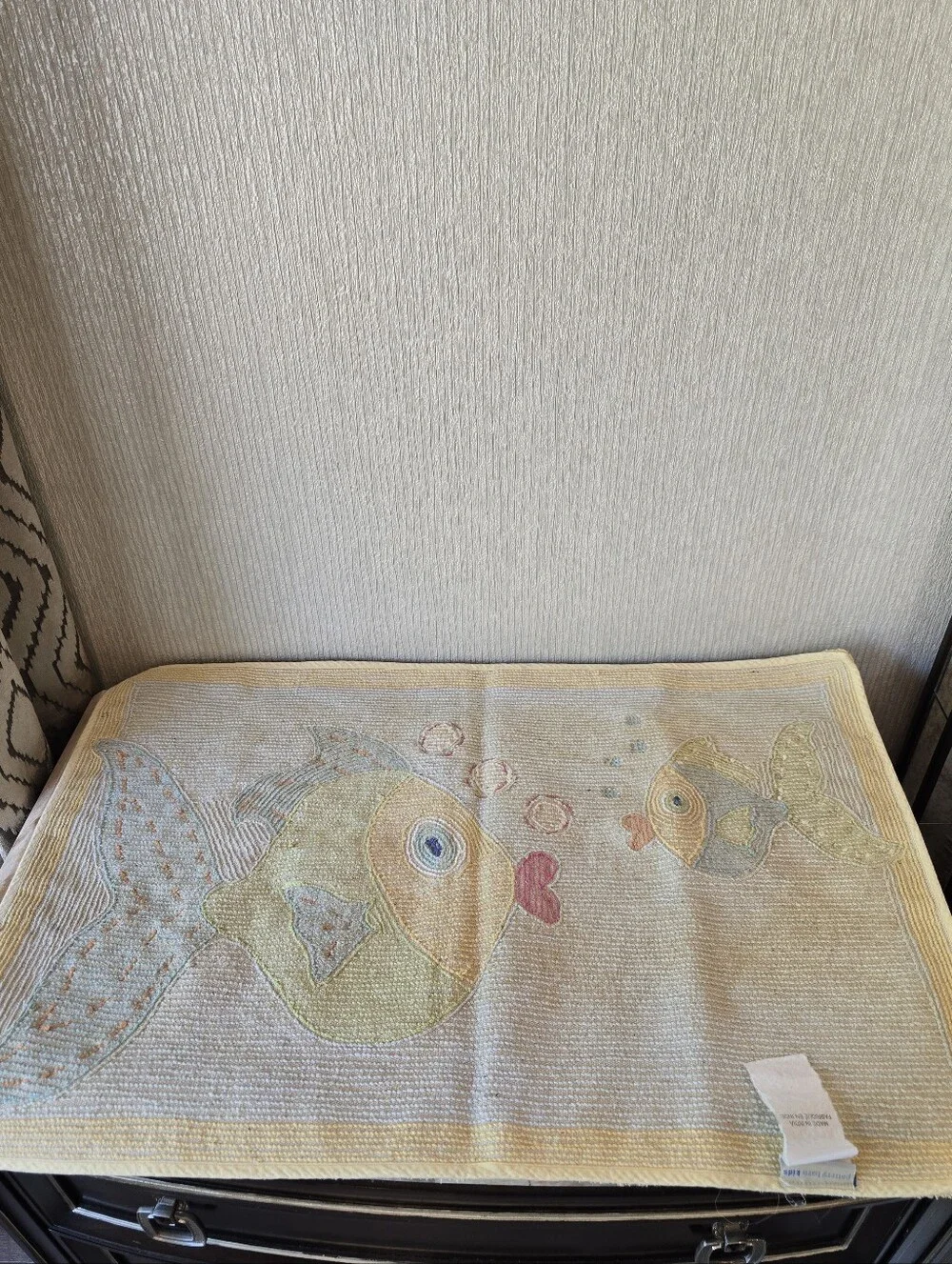 Pottery Barn Kids Fish Embroidered Bath Mat Towel Set in Yellow, Blue & Pink
